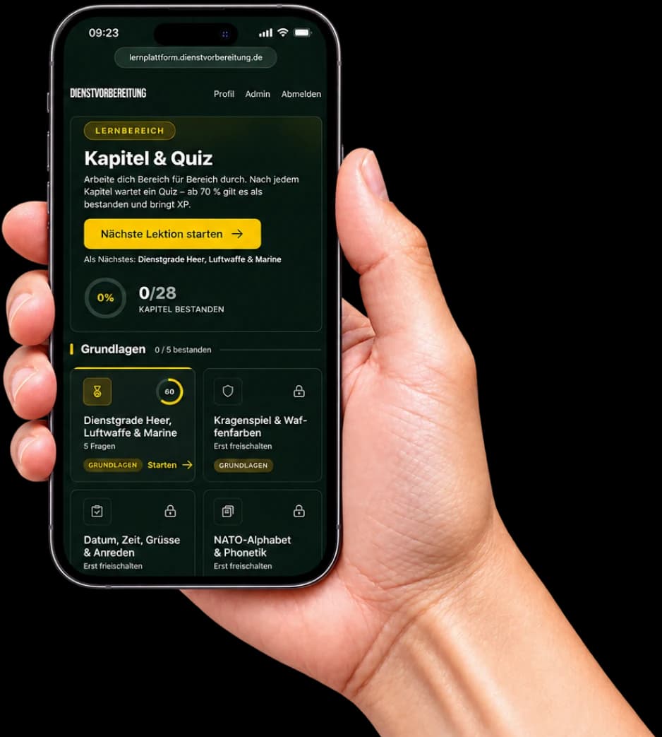 Der Lernbereich der Plattform auf einem Smartphone: Kapitelübersicht mit Fortschrittsanzeige und Quiz.